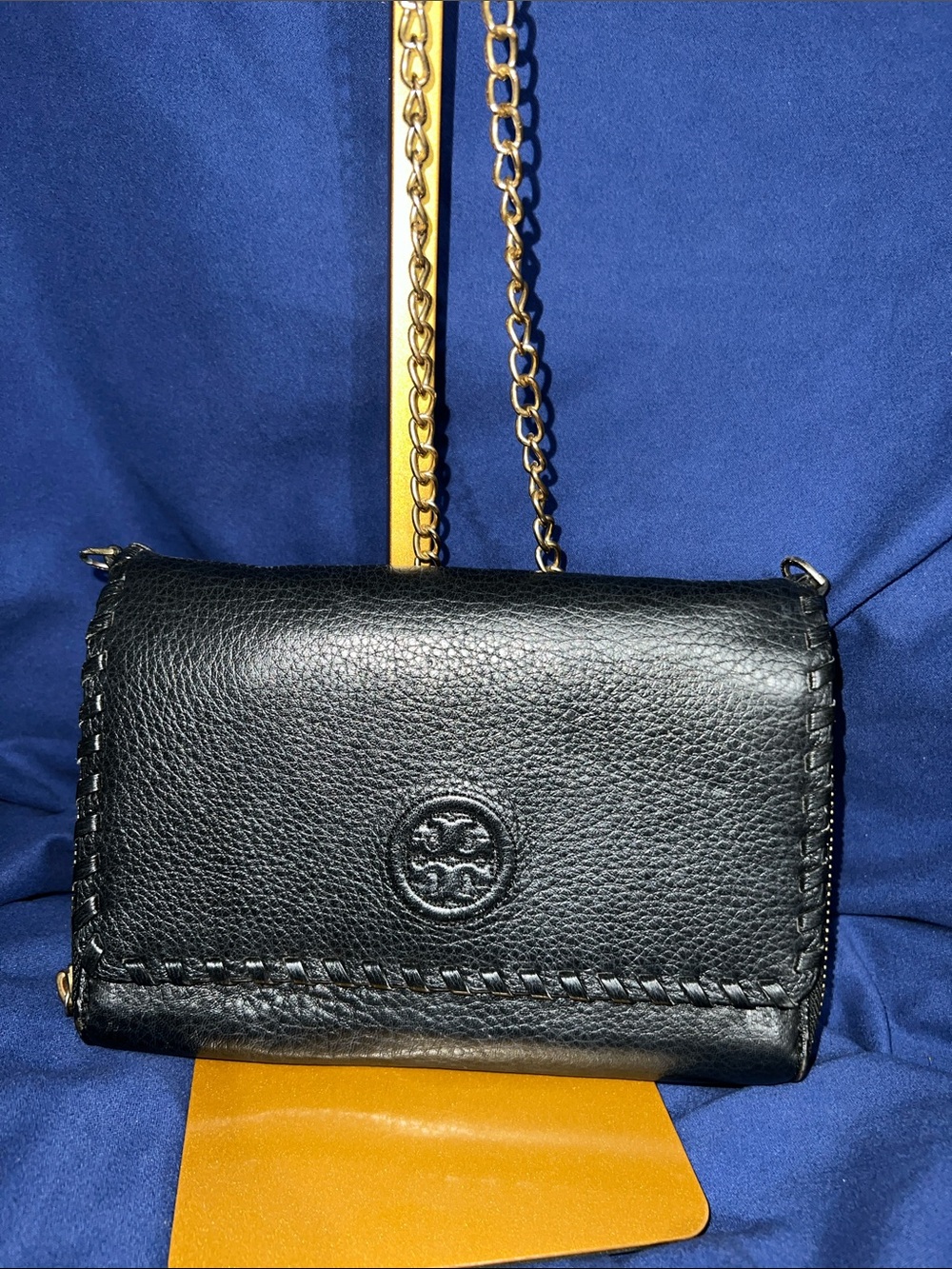 Tory Burch Black Pebbled Leather Crossbody with Gold Chain